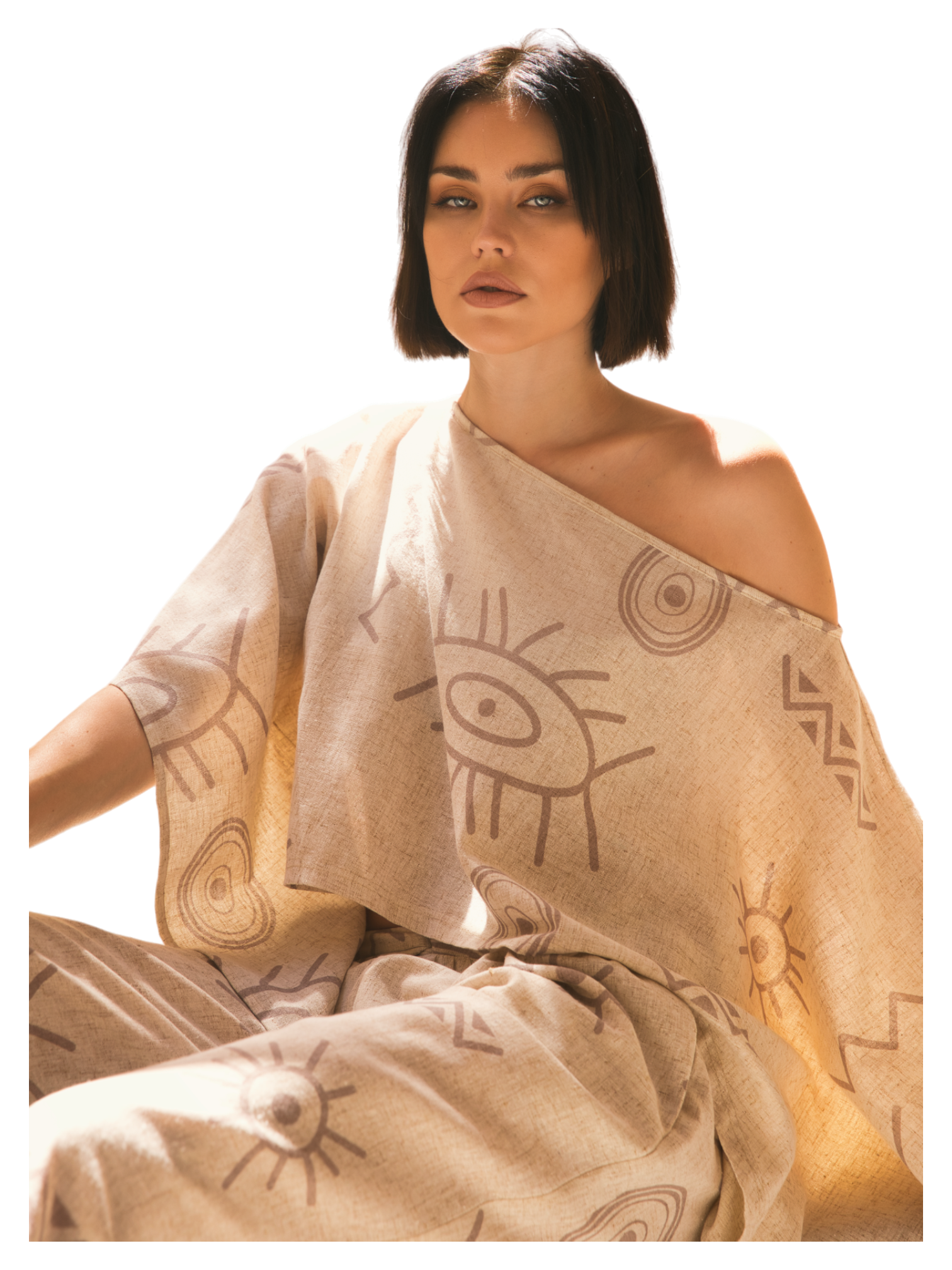 Oversized Linen Blouse With Eyes Print